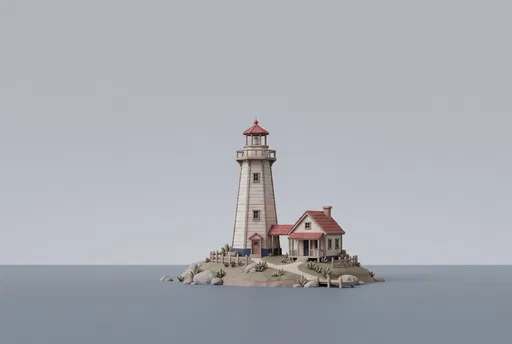 Minimalist 3D Clay Lighthouse and Cottage