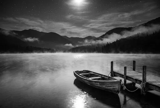 Monochrome Rowboat on Misty Mountain Lake
