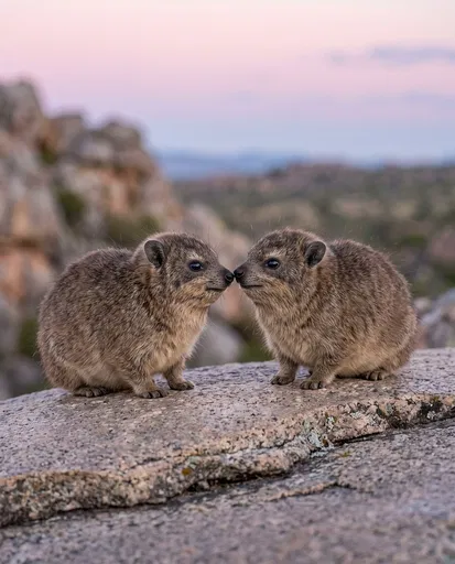Two Juvenile Rock Hyraxes Touching Noses