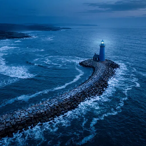 Blue Lighthouse on Stone Jetty at Twilight