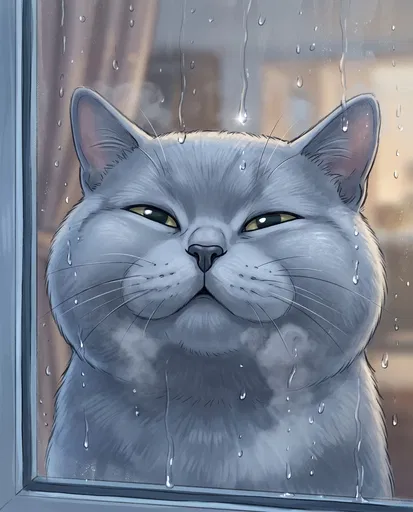 Sleepy Grey Cartoon Cat Behind Rainy Window