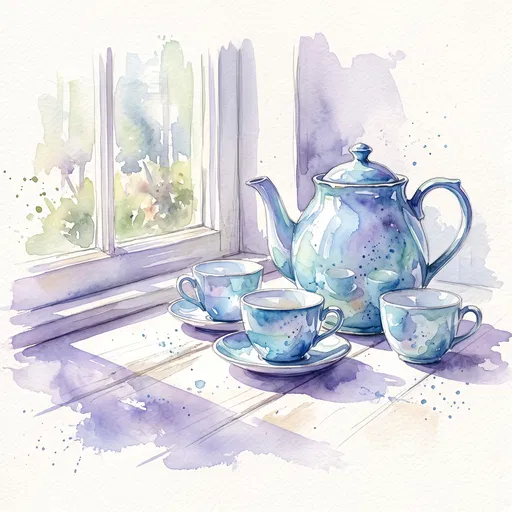 Watercolor Blue Tea Set by Window