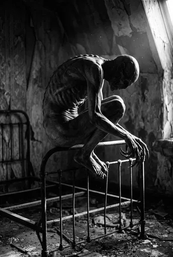 Gaunt Creature Perched on Iron Bedframe