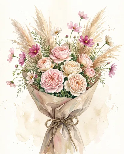 Watercolor Bouquet of Roses and Pampas Grass