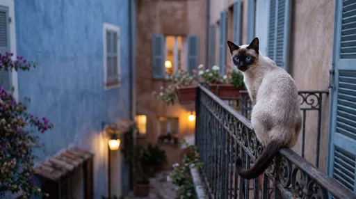 Siamese Cat on Mediterranean Balcony at Dusk