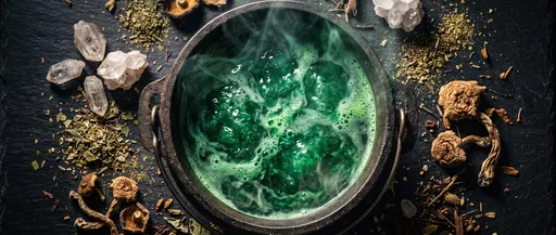 Bubbling Green Potion in Cast Iron Cauldron