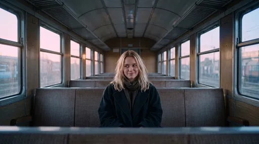 Blonde Woman Smirking in Vintage Train