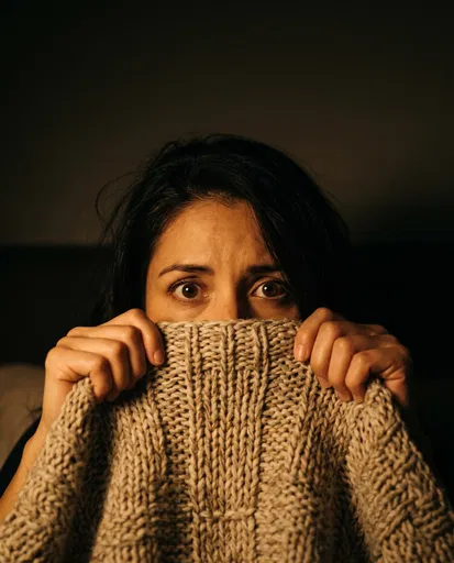 Frightened Woman Hiding Behind Knitted Blanket
