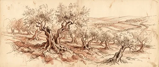 Vintage Sepia Sketch of Olive Grove