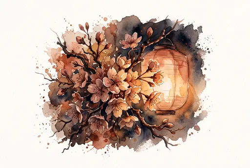 Watercolor Cherry Blossoms and Glowing Paper Lantern