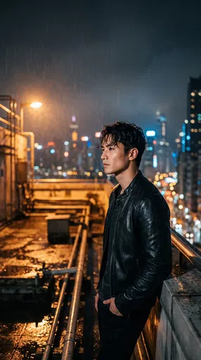 Man on Rainy Rooftop at Night