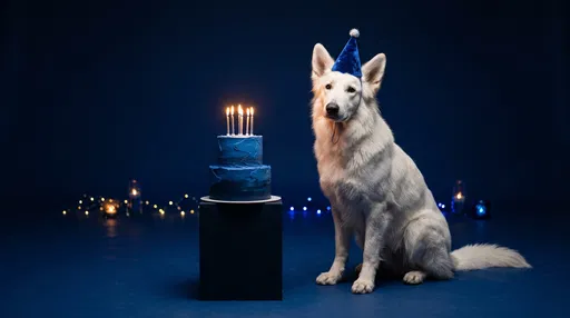 White Shepherd Dog With Blue Birthday Cake