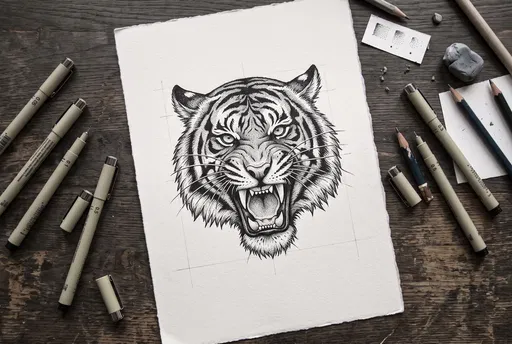 Stipple Tiger Drawing Flat Lay with Pens