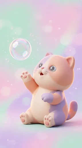 Cute 3D Pastel Kitten Reaching for Bubble
