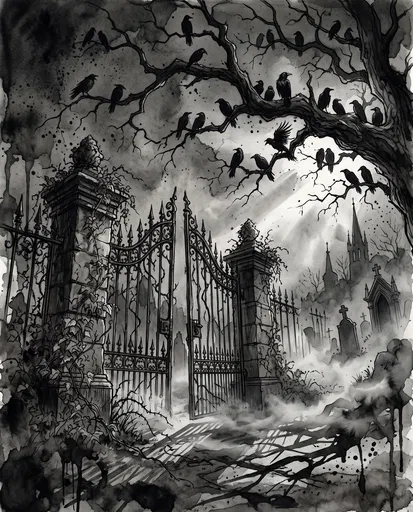 Gothic Cemetery Gate and Ravens Illustration