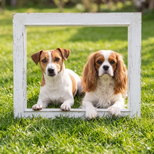 Two Dogs Posing Inside Wooden Frame