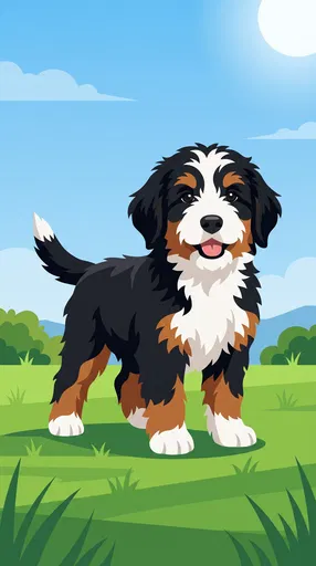 Tricolor Bernedoodle Puppy on Sunny Lawn