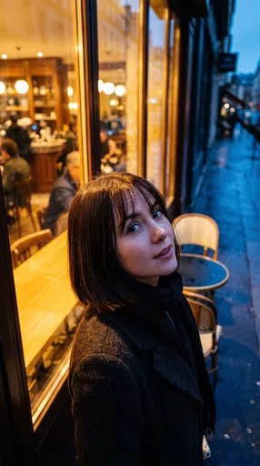 Woman With Bob Haircut Outside Evening Cafe
