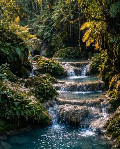 Cascading Turquoise Pools in Lush Jungle
