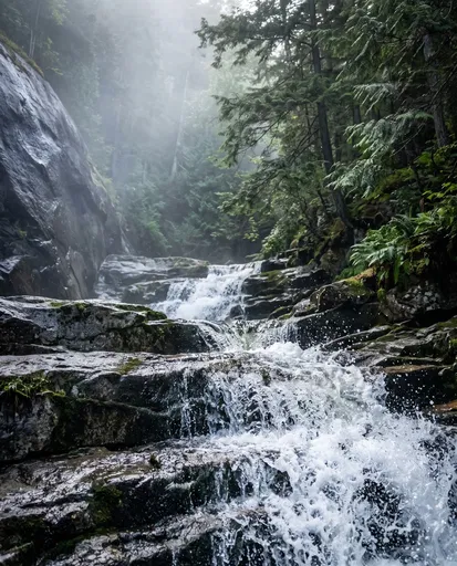 Misty Forest Waterfall on Terraced Rocks