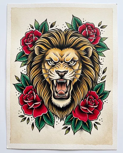 Traditional Tattoo Flash Roaring Lion and Roses