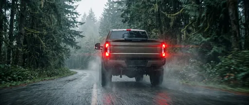Bronze Pickup Truck on Wet Forest Road