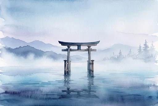 Watercolor Torii Gate in Misty Water