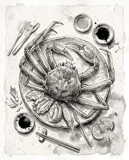 Monochrome Watercolor Crab Platter Illustration