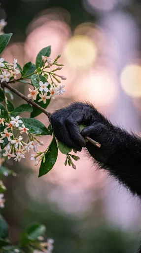 Black Monkey Hand Holding Flowering Branch