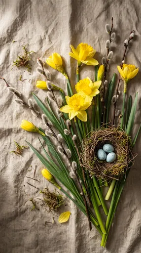 Spring Daffodils and Bird Nest Flat Lay
