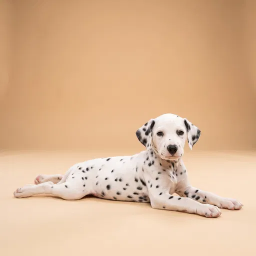 Dalmatian Puppy Lying on Beige Background