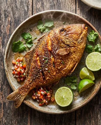 Whole Fried Fish with Limes and Salsa