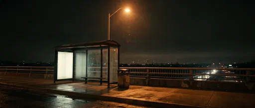 Empty Bus Stop at Night on Overpass