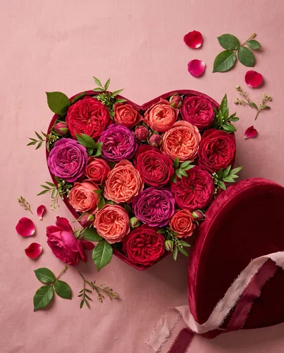 Heart Shaped Velvet Box With Garden Roses