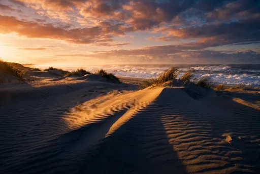 Sunset Light Over Coastal Sand Dunes