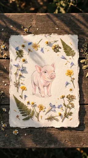 Piglet Drawing Framed by Pressed Wildflowers