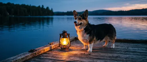 Tricolor Corgi on Lake Dock at Twilight