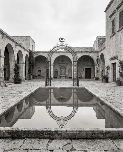 Monochrome Courtyard With Crescent Archway Reflection