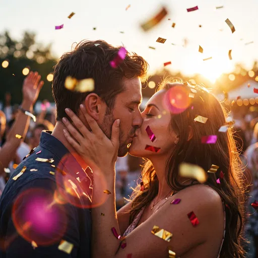 Couple Kissing in Sunset Confetti