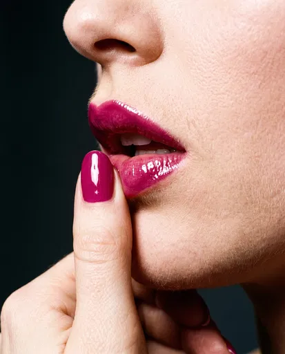 Macro Magenta Glossy Lips and Thumb