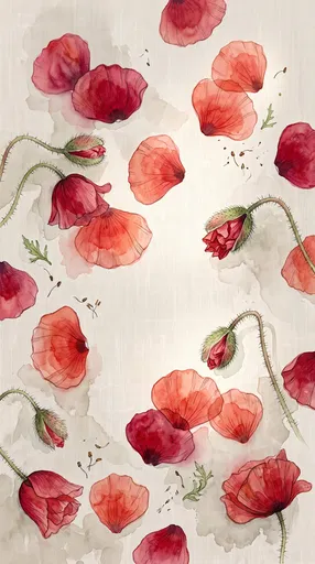 Watercolor Red Poppy Petals and Buds Illustration