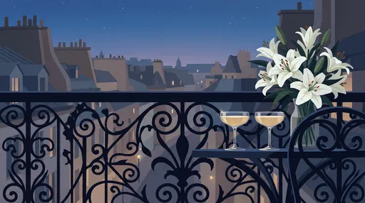 Champagne and White Lilies on Evening Balcony