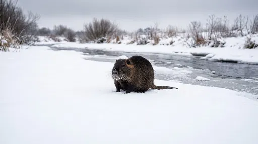 Brown Nutria on Snowy Winter Riverbank