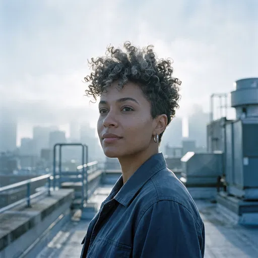 Woman With Curly Pixie Cut on Rooftop