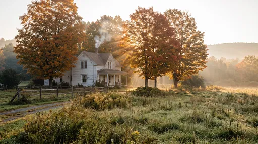White Farmhouse in Misty Autumn Morning Light