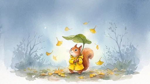 Watercolor Squirrel in Yellow Raincoat with Leaf