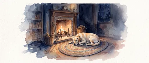 Watercolor Sleeping Labrador by Cozy Fireplace