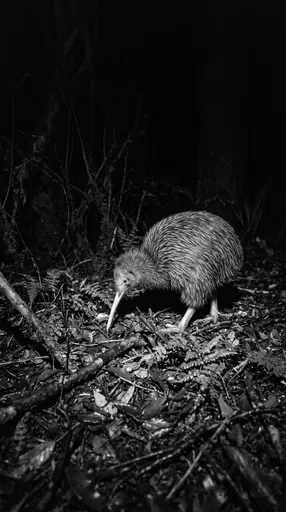 Kiwi Bird Foraging at Night in Monochrome