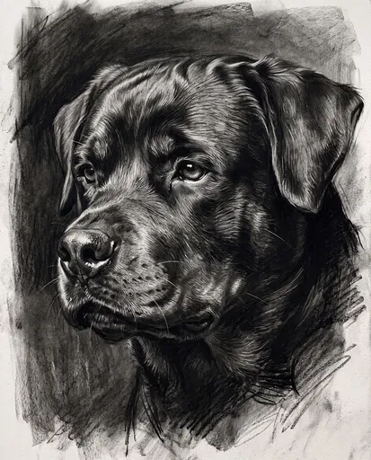 Charcoal Portrait Sketch of Rottweiler Head