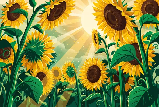 Bold Illustration of Sunflowers and Morning Sun